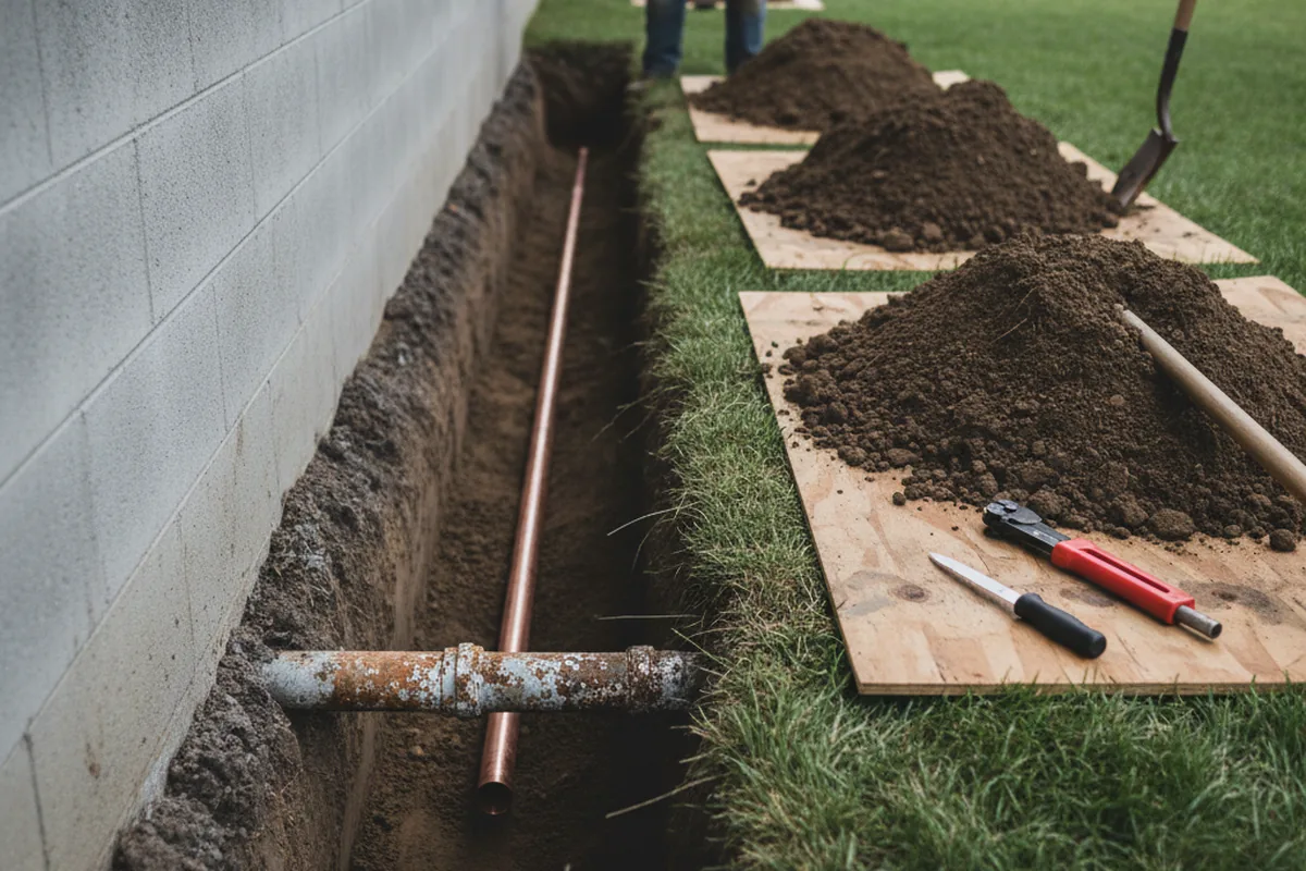 Excavated water line trench during Water Heater Repair in Boys Town
